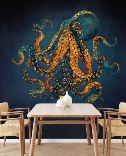 mural de papel de parede de polvo personalizável em azul marinho e dourado chamado Underwater Dream IV da SpaceFrog Designs para banheiros