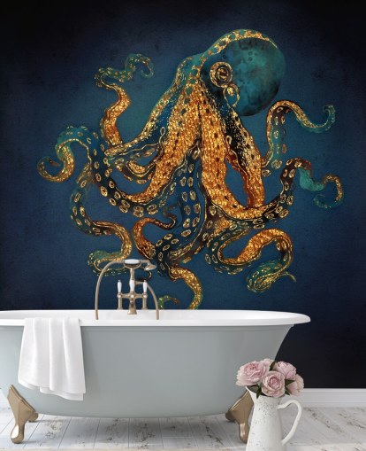 navy and gold customisable octopus wallpaper mural called Underwater Dream IV by SpaceFrog Designs for bathrooms