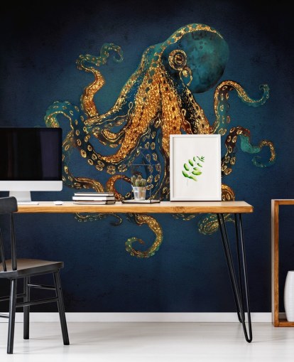 marinblå och guld anpassningsbar bläckfisk tapetväggmålning kallad Underwater Dream IV av SpaceFrog Designs för badrum