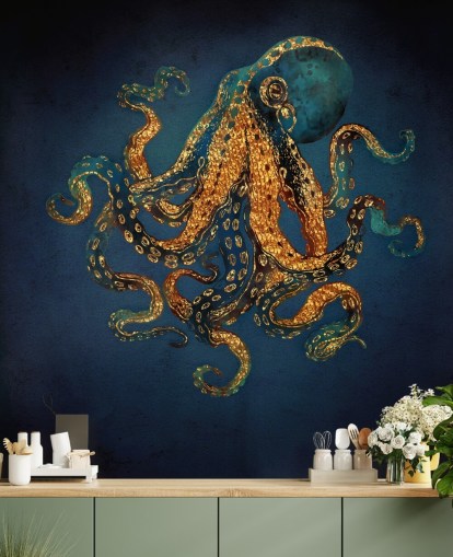 Wandbild Underwater Dream IV von SpaceFrog Designs für Badezimmer, personalisierbar mit Oktopus-Tapete in Marineblau und Gold