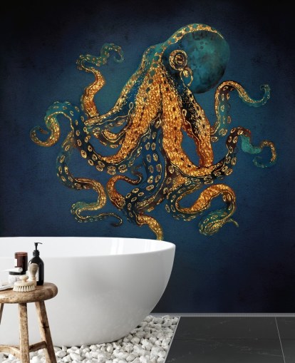 mural de papel de parede de polvo personalizável em azul marinho e dourado chamado Underwater Dream IV da SpaceFrog Designs para banheiros