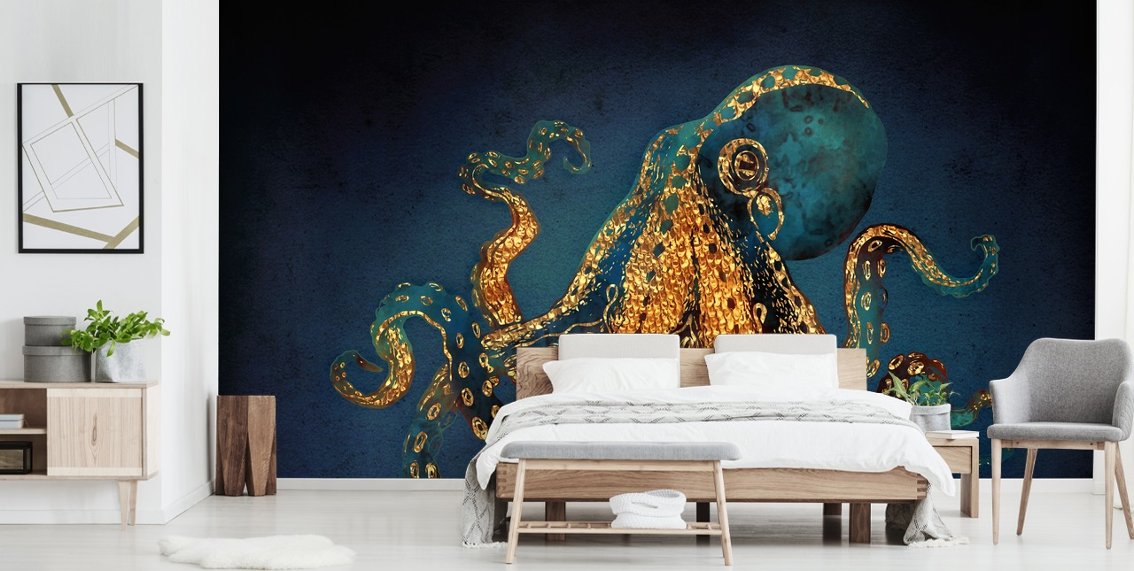 mural de papel pintado de pulpos personalizable en azul marino y dorado llamado Underwater Dream IV de SpaceFrog Designs para baños