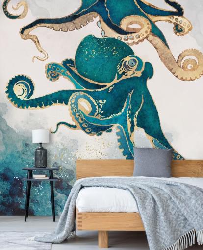 blågrønn og gull blekksprut tapetmaleri kalt Underwater Dream V av SpaceFrog Designs for soverom og bad