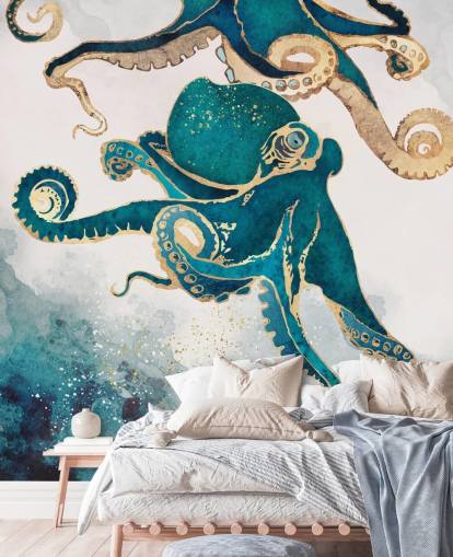 blågrønn og gull blekksprut tapetmaleri kalt Underwater Dream V av SpaceFrog Designs for soverom og bad