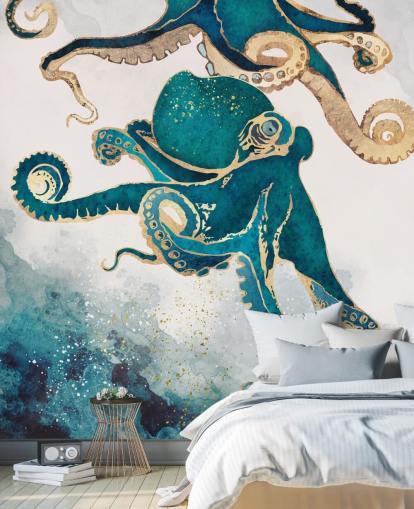 teal green and gold octopus wallpaper mural called Underwater Dream V by SpaceFrog Designs for bedrooms and bathrooms