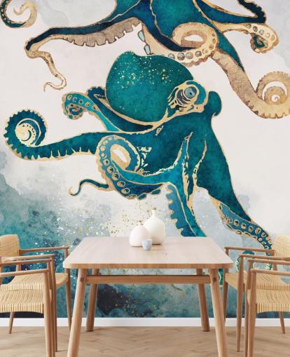 Carta da parati murale con polpo verde acqua e oro chiamato Underwater Dream V di SpaceFrog Designs per camere da letto e bagni Carta da parati murale con polpo verde acqua e oro chiamato Underwater Dream V di SpaceFrog Designs per camere da letto e bagni