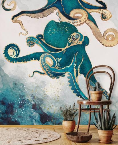 blågrøn og guld blæksprutte tapetmaleri kaldet Underwater Dream V af SpaceFrog Designs til soveværelser og badeværelser blågrøn og guld blæksprutte tapetmaleri kaldet Underwater Dream V af SpaceFrog Designs til soveværelser og badeværelser