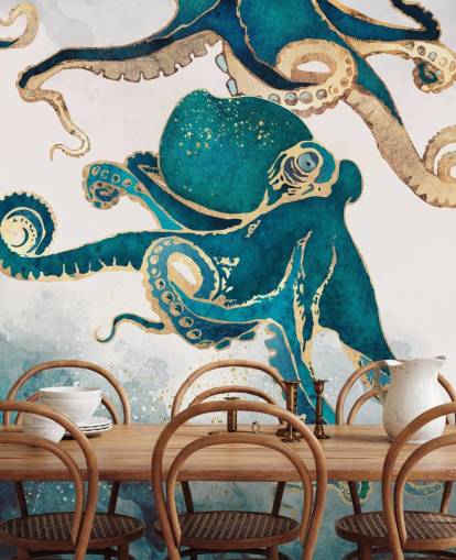 blauwgroene en gouden octopus behangmuurschildering genaamd Underwater Dream V van SpaceFrog Designs voor slaapkamers en badkamers