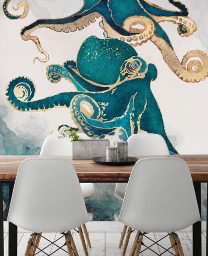 papier peint mural en forme de poulpe vert sarcelle et doré intitulé Underwater Dream V par SpaceFrog Designs pour les chambres et les salles de bain papier peint mural en forme de poulpe vert sarcelle et doré intitulé Underwater Dream V par SpaceFrog Designs pour les chambres et les salles de bain