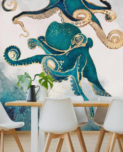 Blaugrünes und goldenes Tintenfisch-Tapeten-Wandbild namens Underwater Dream V von SpaceFrog Designs für Schlafzimmer und Badezimmer