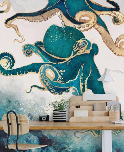 mural de papel pintado de pulpos verde azulado y dorado llamado Underwater Dream V de SpaceFrog Designs para dormitorios y baños