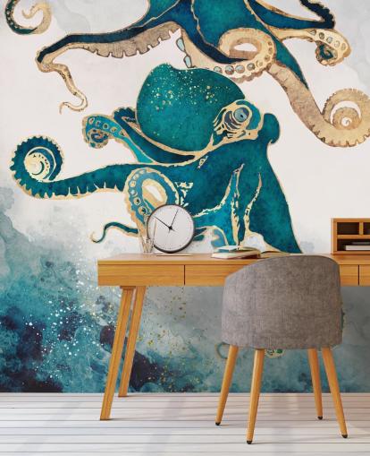 SpaceFrog Designsin sinivihreä ja kultainen mustekala taustakuvamaalaus nimeltä Underwater Dream V -niminen malli makuuhuoneisiin ja kylpyhuoneisiin