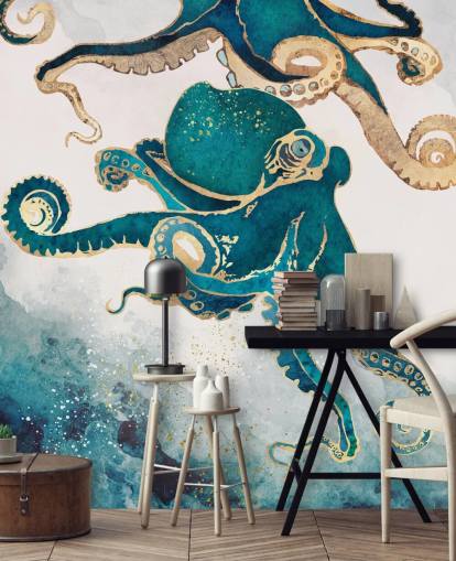 Carta da parati murale con polpo verde acqua e oro chiamato Underwater Dream V di SpaceFrog Designs per camere da letto e bagni