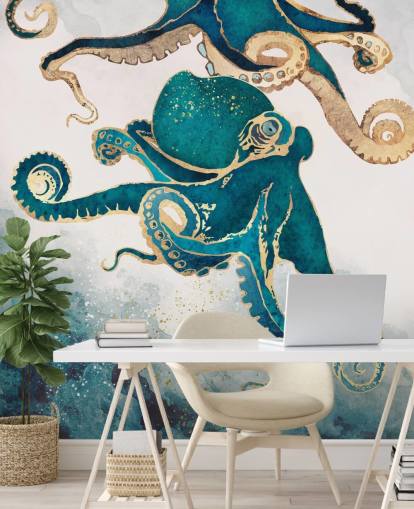 teal green and gold octopus wallpaper mural called Underwater Dream V by SpaceFrog Designs for bedrooms and bathrooms