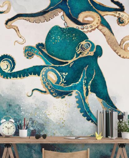 teal green and gold octopus wallpaper mural called Underwater Dream V by SpaceFrog Designs for bedrooms and bathrooms