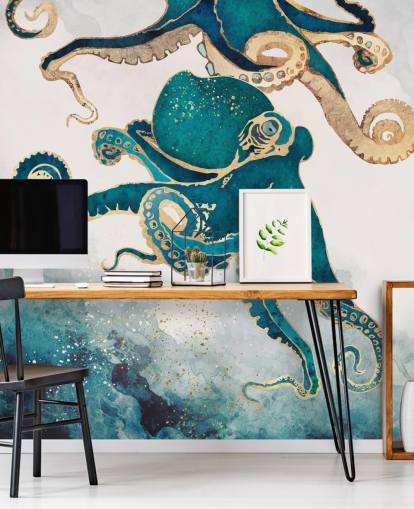 mural de papel pintado de pulpos verde azulado y dorado llamado Underwater Dream V de SpaceFrog Designs para dormitorios y baños mural de papel pintado de pulpos verde azulado y dorado llamado Underwater Dream V de SpaceFrog Designs para dormitorios y baños