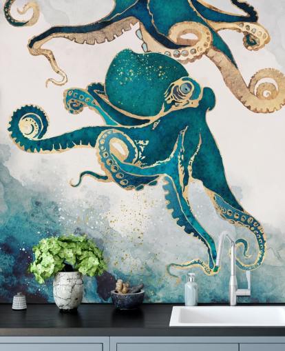 blågrønn og gull blekksprut tapetmaleri kalt Underwater Dream V av SpaceFrog Designs for soverom og bad