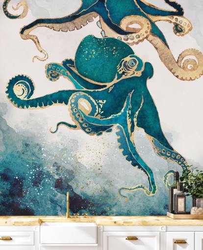 blauwgroene en gouden octopus behangmuurschildering genaamd Underwater Dream V van SpaceFrog Designs voor slaapkamers en badkamers
