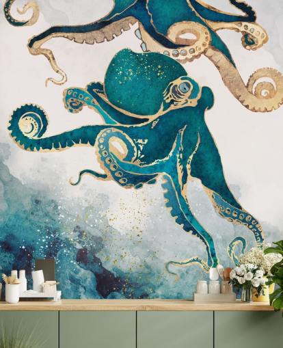 teal green and gold octopus wallpaper mural called Underwater Dream V by SpaceFrog Designs for bedrooms and bathrooms