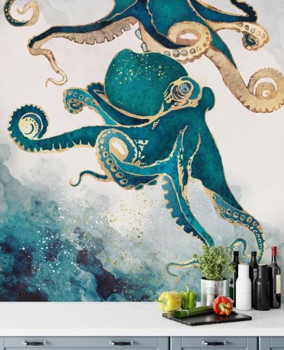 mural de papel pintado de pulpos verde azulado y dorado llamado Underwater Dream V de SpaceFrog Designs para dormitorios y baños mural de papel pintado de pulpos verde azulado y dorado llamado Underwater Dream V de SpaceFrog Designs para dormitorios y baños