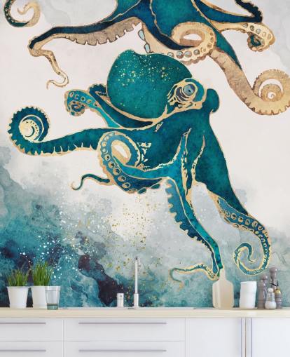Blaugrünes und goldenes Tintenfisch-Tapeten-Wandbild namens Underwater Dream V von SpaceFrog Designs für Schlafzimmer und Badezimmer