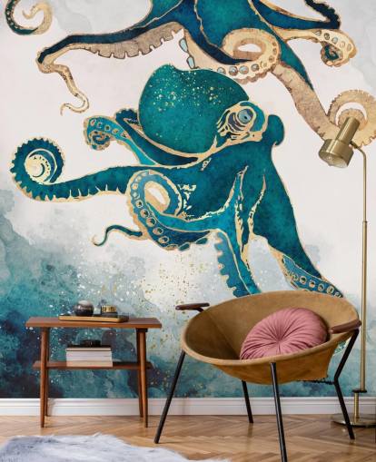 teal green and gold octopus wallpaper mural called Underwater Dream V by SpaceFrog Designs for bedrooms and bathrooms