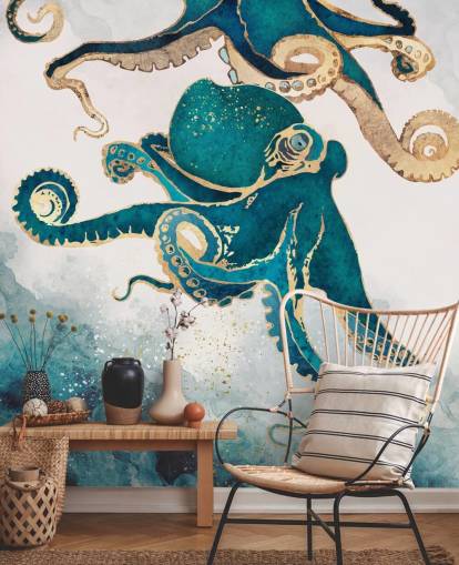 mural de papel pintado de pulpos verde azulado y dorado llamado Underwater Dream V de SpaceFrog Designs para dormitorios y baños