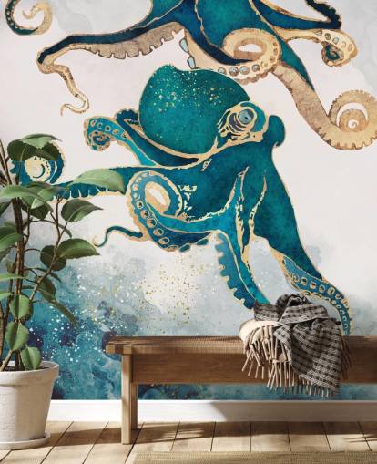 Carta da parati murale con polpo verde acqua e oro chiamato Underwater Dream V di SpaceFrog Designs per camere da letto e bagni