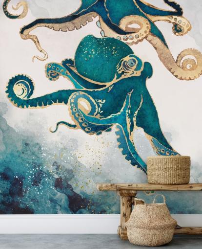 teal green and gold octopus wallpaper mural called Underwater Dream V by SpaceFrog Designs for bedrooms and bathrooms