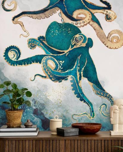 mural de papel pintado de pulpos verde azulado y dorado llamado Underwater Dream V de SpaceFrog Designs para dormitorios y baños