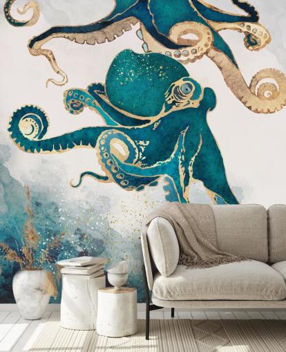 Blaugrünes und goldenes Tintenfisch-Tapeten-Wandbild namens Underwater Dream V von SpaceFrog Designs für Schlafzimmer und Badezimmer