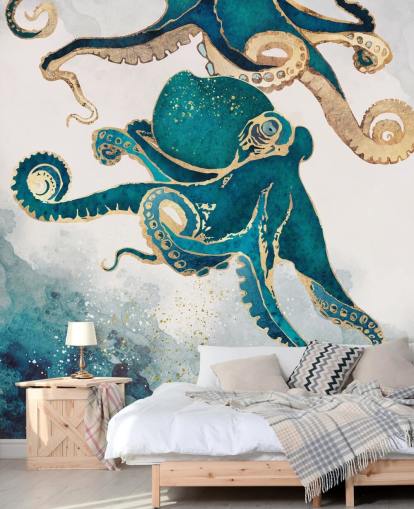 blågrønn og gull blekksprut tapetmaleri kalt Underwater Dream V av SpaceFrog Designs for soverom og bad