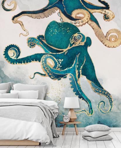 blauwgroene en gouden octopus behangmuurschildering genaamd Underwater Dream V van SpaceFrog Designs voor slaapkamers en badkamers blauwgroene en gouden octopus behangmuurschildering genaamd Underwater Dream V van SpaceFrog Designs voor slaapkamers en badkamers