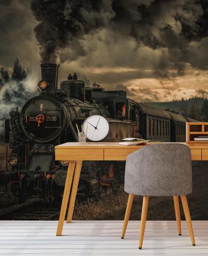 donkere stoomtrein behangmuurschildering genaamd Gold Digger Train van 1x Photography