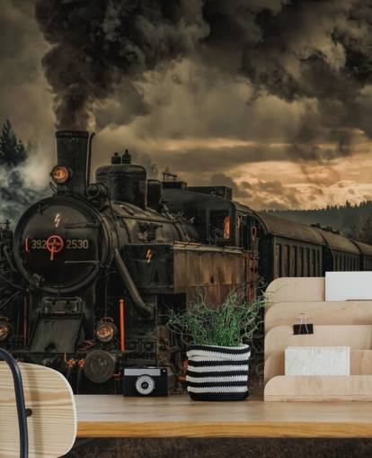 mural de papel pintado oscuro de un tren de vapor llamado Gold Digger Train de 1x Photography
