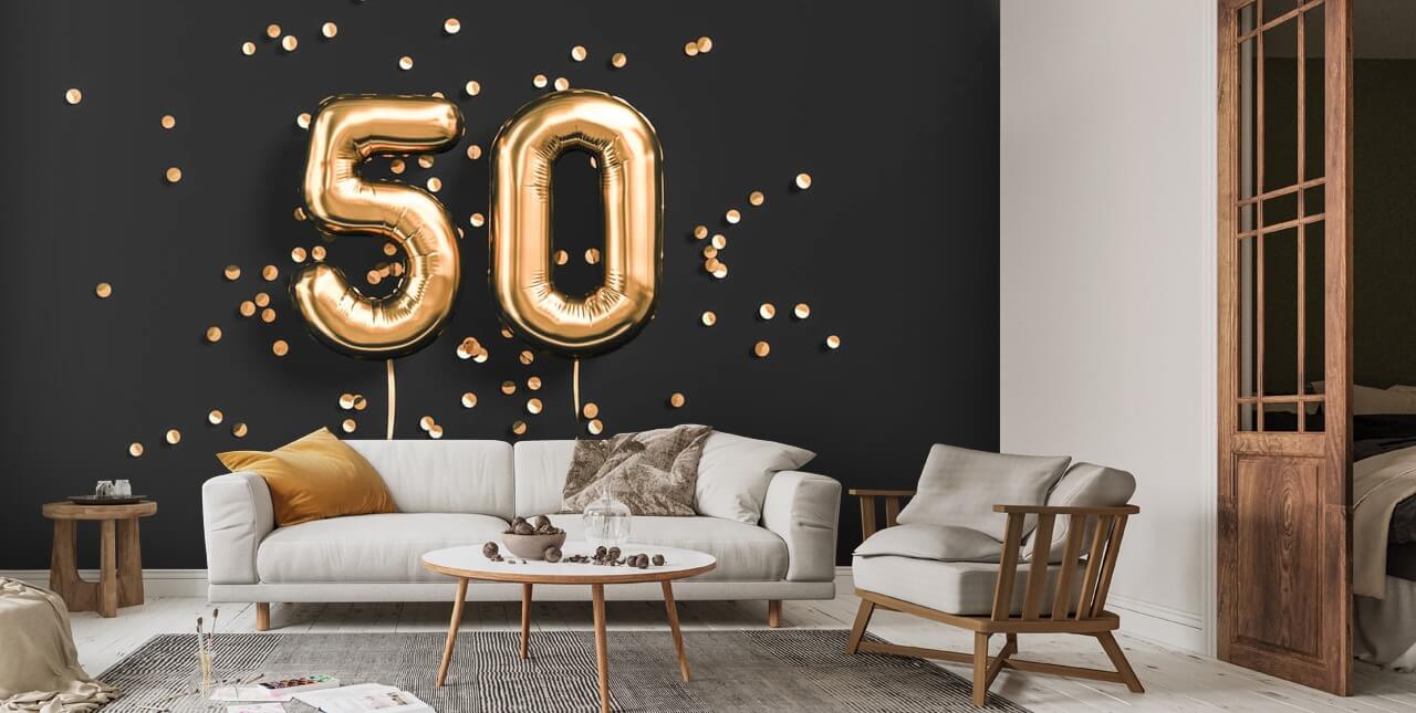 50 years old. Gold balloons number 50th anniversary happy birthday  congratulations. 3d rendering. | Wallsauce AE