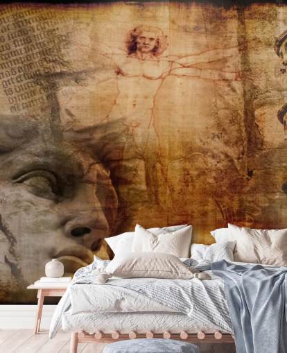 Decorazione murale con uomo vitruviano e icone italiane
