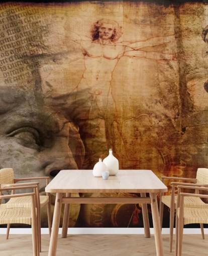 Decorazione murale con uomo vitruviano e icone italiane