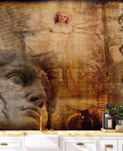 Decorazione murale con uomo vitruviano e icone italiane