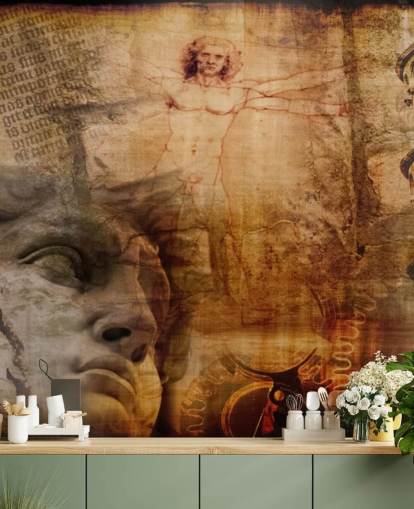 Decorazione murale con uomo vitruviano e icone italiane