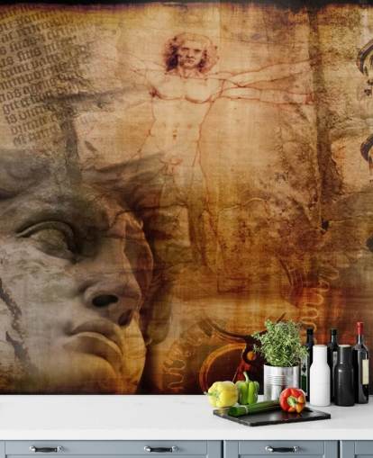 Decorazione murale con uomo vitruviano e icone italiane