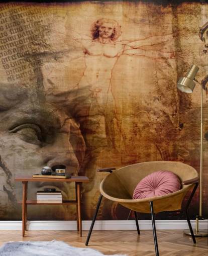 Decorazione murale con uomo vitruviano e icone italiane