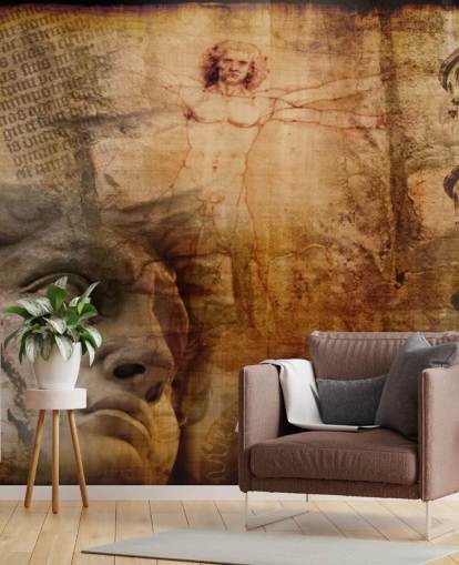 Decorazione murale con uomo vitruviano e icone italiane