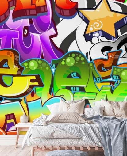 Mehrfarbiges, personalisierbares Graffiti-Tapeten-Wandbild namens Graffiti Wall Art für das Schlafzimmer eines Teenagers Mehrfarbiges, personalisierbares Graffiti-Tapeten-Wandbild namens Graffiti Wall Art für das Schlafzimmer eines Teenagers