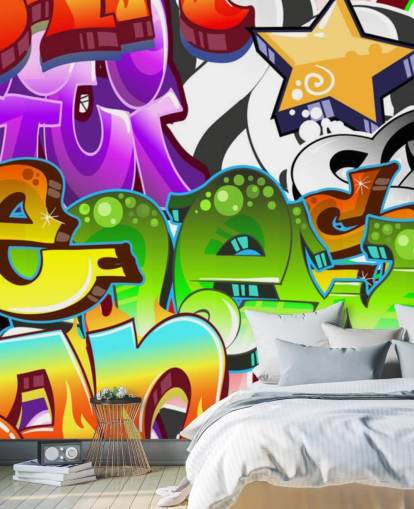 multicolored customizable graffiti wallpaper mural called Graffiti Wall Art for teen's bedroom 