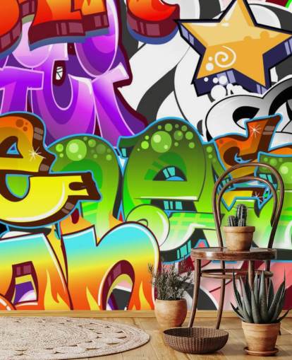 papier peint graffiti personnalisable multicolore appelé Graffiti Wall Art pour chambre d'adolescent 