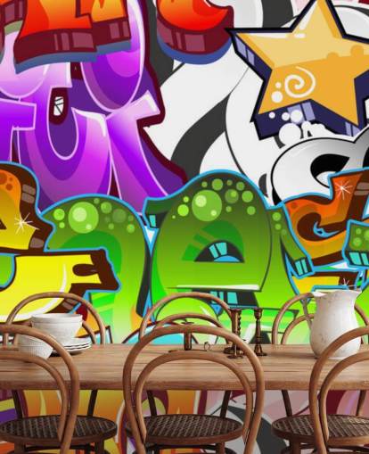 mural de papel pintado de graffiti personalizable multicolor llamado Graffiti Wall Art para dormitorio de adolescentes 