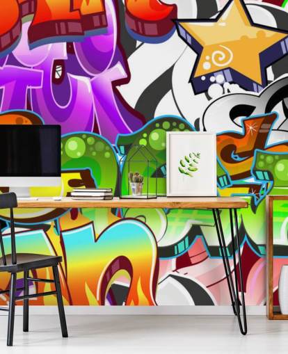 monivärinen mukautettava graffiti-taustakuvamaalaus nimeltä Graffiti Wall Art teini-ikäisten makuuhuoneeseen monivärinen mukautettava graffiti-taustakuvamaalaus nimeltä Graffiti Wall Art teini-ikäisten makuuhuoneeseen