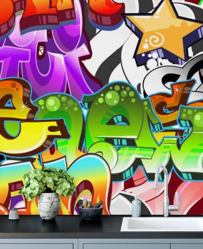 multicolored customizable graffiti wallpaper mural called Graffiti Wall Art for teen's bedroom 