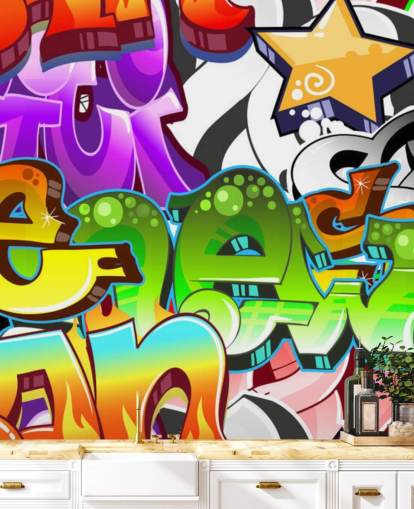 mural de papel pintado de graffiti personalizable multicolor llamado Graffiti Wall Art para dormitorio de adolescentes 